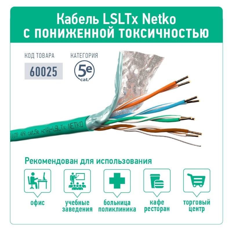 Кабель F/UTP 4 (FTP4) cat.5e, 4 пары 24 AWG BC, экранированный, нг(А)-LSLTx, зеленый; одножильный, FLUKE TEST, NETKO Expert СКС 40м