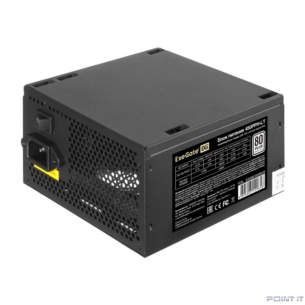 Exegate EX292150RUS Блок питания 450W ExeGate 80 PLUS® 450PPH-LT (ATX, APFC, КПД 82% (80 PLUS), 12cm fan, 24pin, (4+4)pin, PCIe, 5xSATA, 3xIDE, RTL, black)