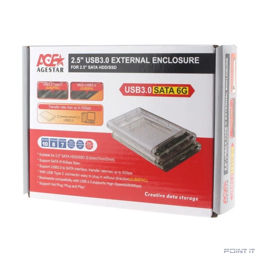AgeStar 3UB2P4 (TRANSPARENCY)USB 3.0 Внешний корпус 2.5" SATAIII HDD/SSD  пластик, прозрачный {50}  (672691)(17312)