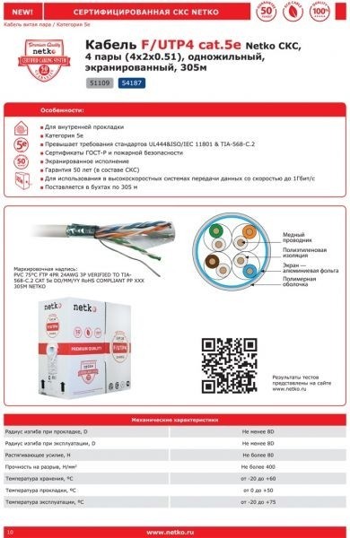 Кабель F/UTP4 (FTP4 ) cat.5e, 4 пары 24 AWG BC, одножильный, экранированный, серый, FLUKE TEST, NETKO Expert СКС 10м