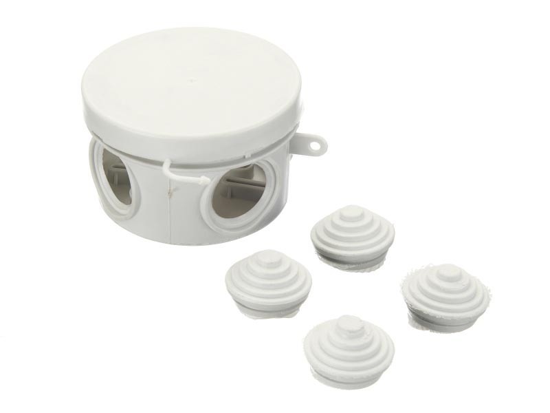 Коробка распаячная для открытой проводки 65*40 (круглая), 4 входа с гермовводами, IP54, серая