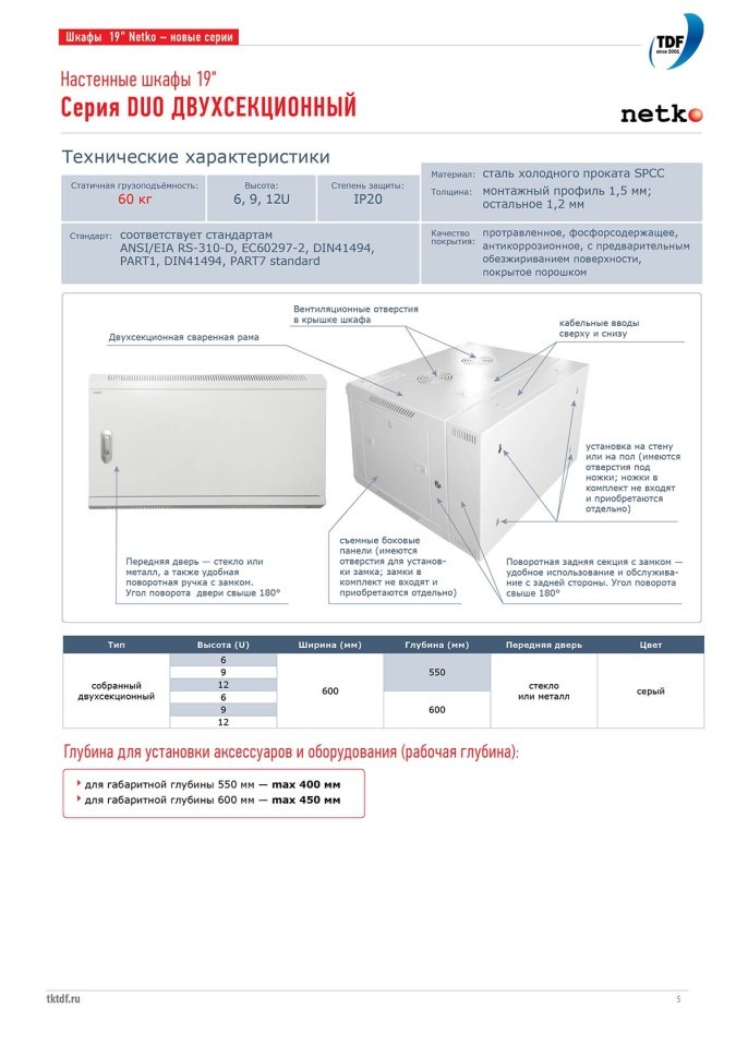 Шкаф настенный 6U серия DUO (600х550х370), 2-х секционный, откидной, передняя дверь металл, собранный, серый Netko