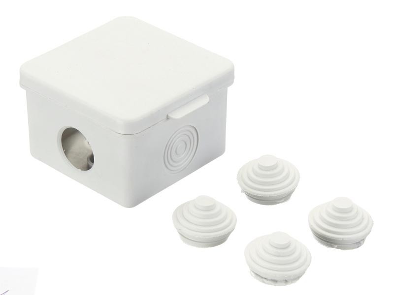 Коробка распаячная для открытой проводки 65*65*50мм (квадратная), 4 входа с гермовводами, IP54, серая