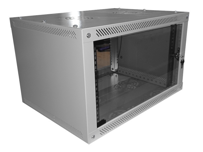 Шкаф настенный 6U серия NOP3 (600х600х367), передняя дверь стекло, разборный, серый Netko