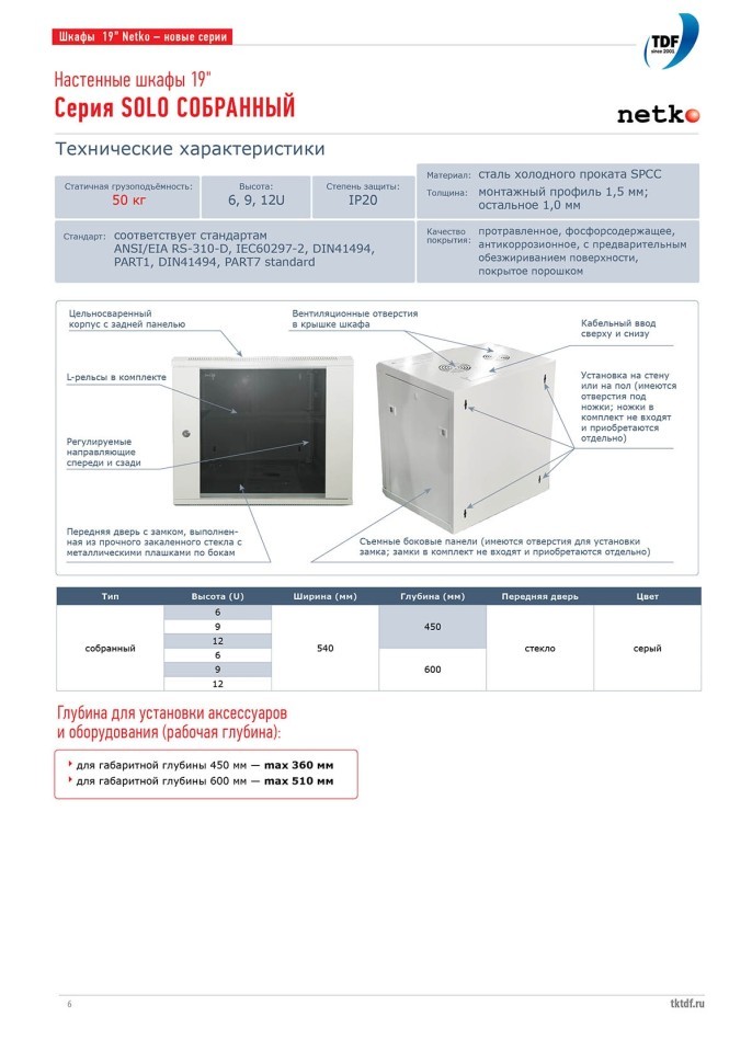 Шкаф настенный 6U серия SOLO (540х600х315), передняя дверь стекло, собранный, серый A Netko