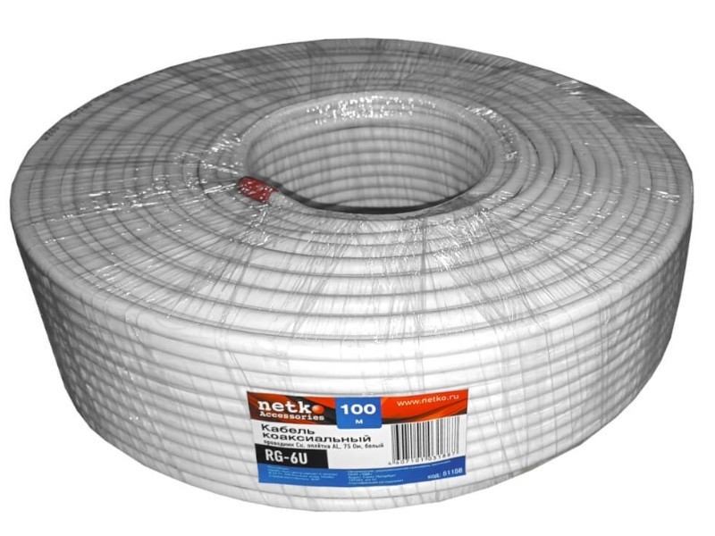 Кабель коаксиальный RG-6U, 75 Ом (CU, оплетка 32 нити AL), белый (10м) NETKO Optima