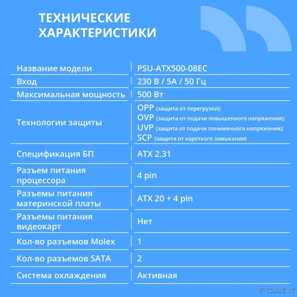 Блок питания CBR ATX 500W, 8cm fan, 24pin/1*4pin/1*IDE/2*SATA, кабель питания 1.2м, черный [PSU-ATX500-08EC] OEM