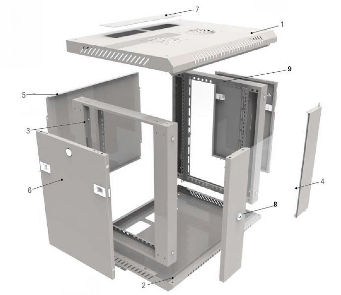 Шкаф настенный 6U серия WM (600х650х370), передняя дверь стекло, разборный, серый Netko