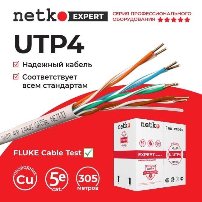 Кабель U/UTP4 cat.5e, 4 пары, 24 AWG, BC, одножильный, серый, FLUKE TEST, NETKO Expert СКС 50м