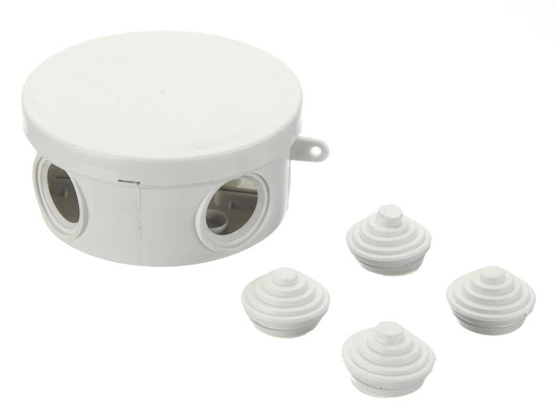 Коробка распаячная для открытой проводки 85*40 (круглая), 4 входа с гермовводами, IP54, серая 10 шт