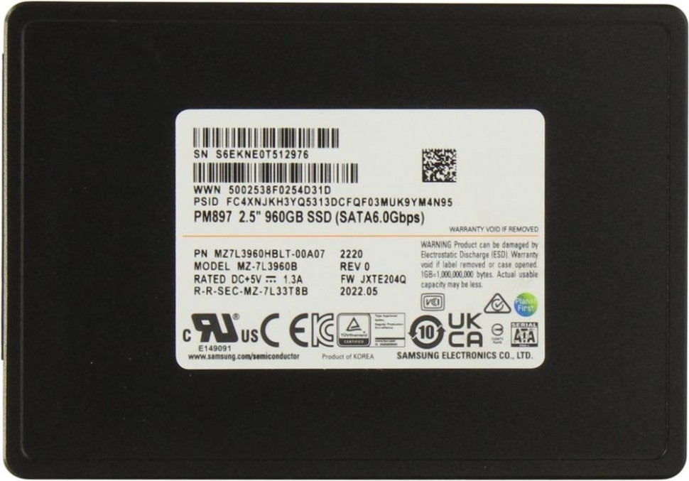 SSD жесткий диск SATA2.5" 960GB PM897 TLC MZ7L3960HBLT-00A07 SAMSUNG