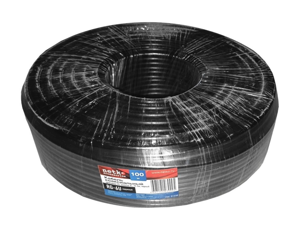 Кабель коаксиальный RG-6U, 75 Ом (CU, оплетка 32 нити AL), наружный, черный (10м) NETKO Optima