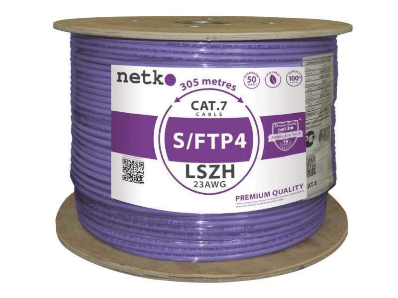 Кабель S/FTP4 cat.7, 4 пары, 23 AWG BC, экранированный, нг(А)-HF LSZH - малодымный, не содержащий галогенов; фиолетовый; одножильный, FLUKE TEST, NETKO Expert СКС 30м