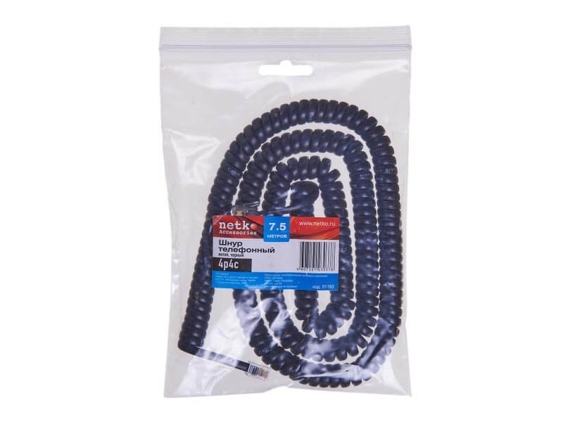 Шнур телефонный витой (4р4с) 7,5 метра / черный, NETKO Optima