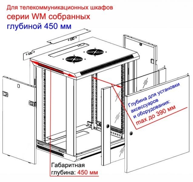 Шкаф настенный 9U серия WM (600х450х501), передняя дверь стекло, собранный, серый Netko