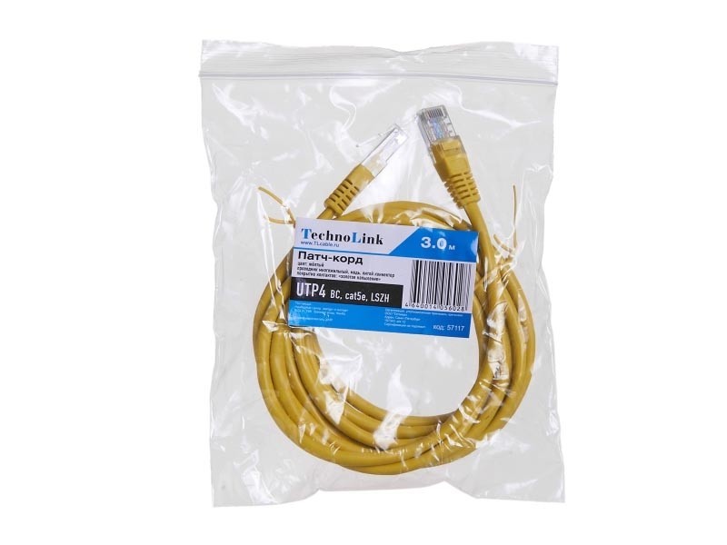 Патч-корд Technolink UTP4 cat 5e, ВС, LSZH, желтый, литой коннектор 5 шт
