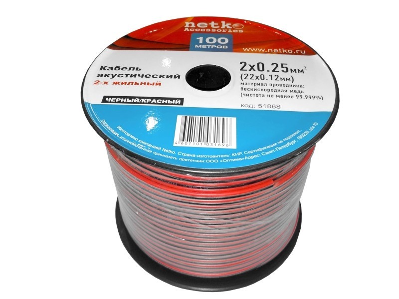 Кабель акустический 2*0.25мм2 (22*0.12мм) BC, 3м, пластиковая катушка, черный/красный NETKO Optima