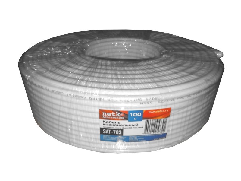 Кабель коаксиальный SAT-703, 75 Ом (CCA, оплетка 48 нитей CCA), белый (40м) NETKO Optima