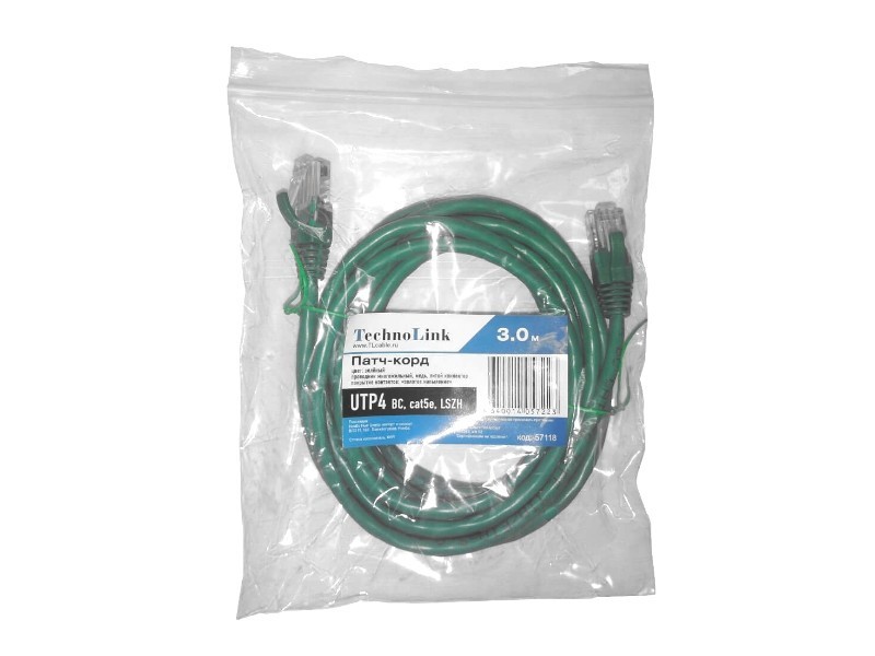 Патч-корд Technolink UTP4 cat 5e, ВС, LSZH, зеленый, литой коннектор
