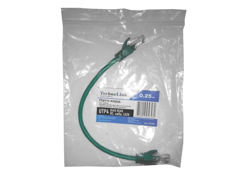 Патч-корд Technolink UTP4 cat 5e, ВС, LSZH, зеленый, литой коннектор