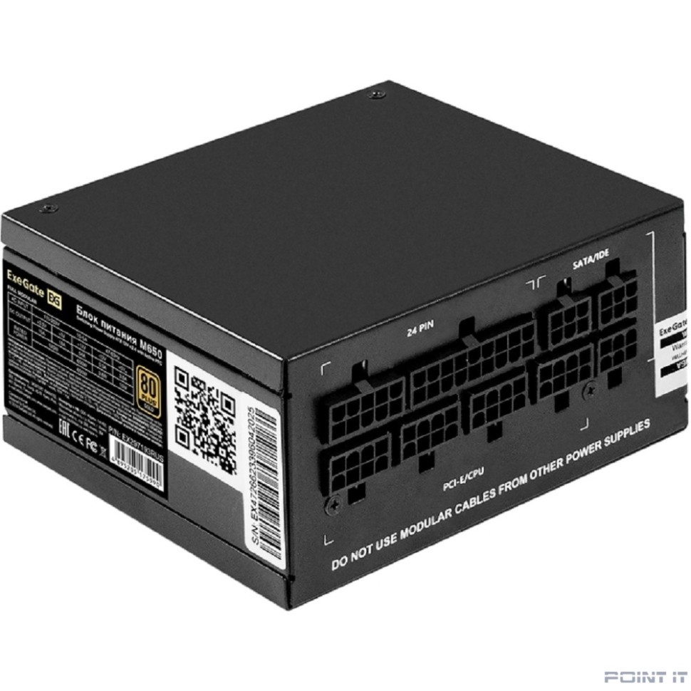 Exegate EX297193RUS Блок питания 650W ExeGate M650 GOLD (SFX, APFC, КПД 90% (80 PLUS GOLD), 9cm fan, 24pin, (4+4)pin, 2xPCI-E, 6xSATA, 3xIDE, 1xFDD, Full Cable Management, black, ATX adapter, Retail b