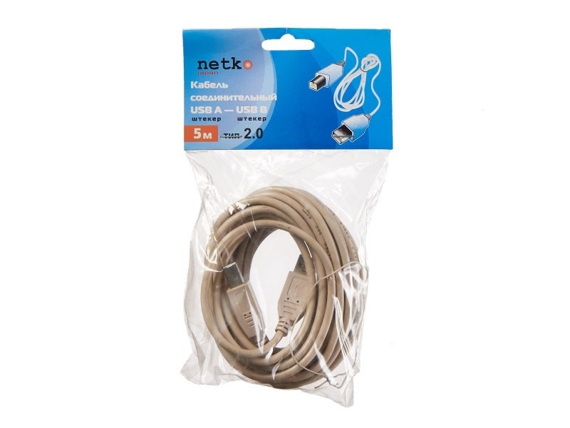 Кабель шт.USB A - шт.USB В 2.0 (5,0м), серый, блистер, Netko